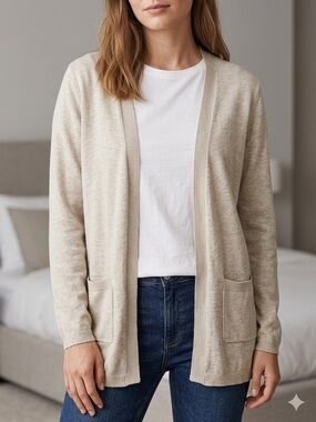 Casual Open-Front Beige Cardigan with Pockets